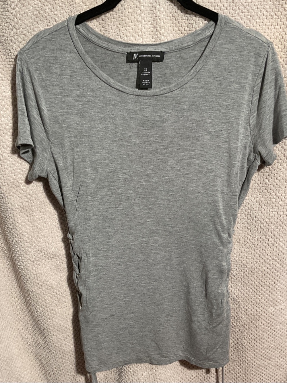 INC International Concepts Women's Gray Short Sleeve Tee with Ties on each side.